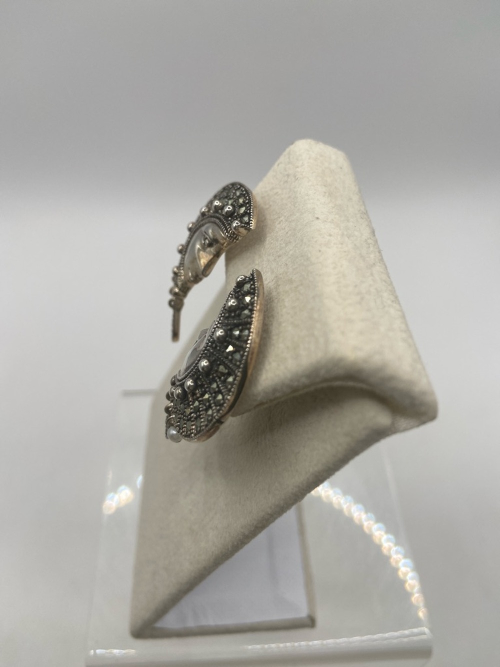 Vintage Suspicion Marcasite Sterling Silver Moon Goddess Earrings Pierced - Picture 9 of 9